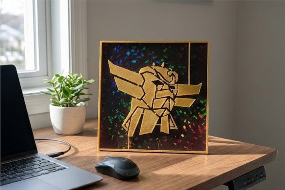 Geometric Gold Grendizer Wall Art – Framed 3D Print with Prismatic Background