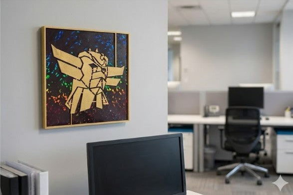 Geometric Gold Grendizer Wall Art – Framed 3D Print with Prismatic Background