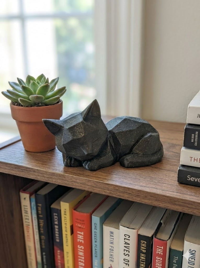 Galaxy Black Geometric Sleeping Cat – Sparkle Finish Desk Companion